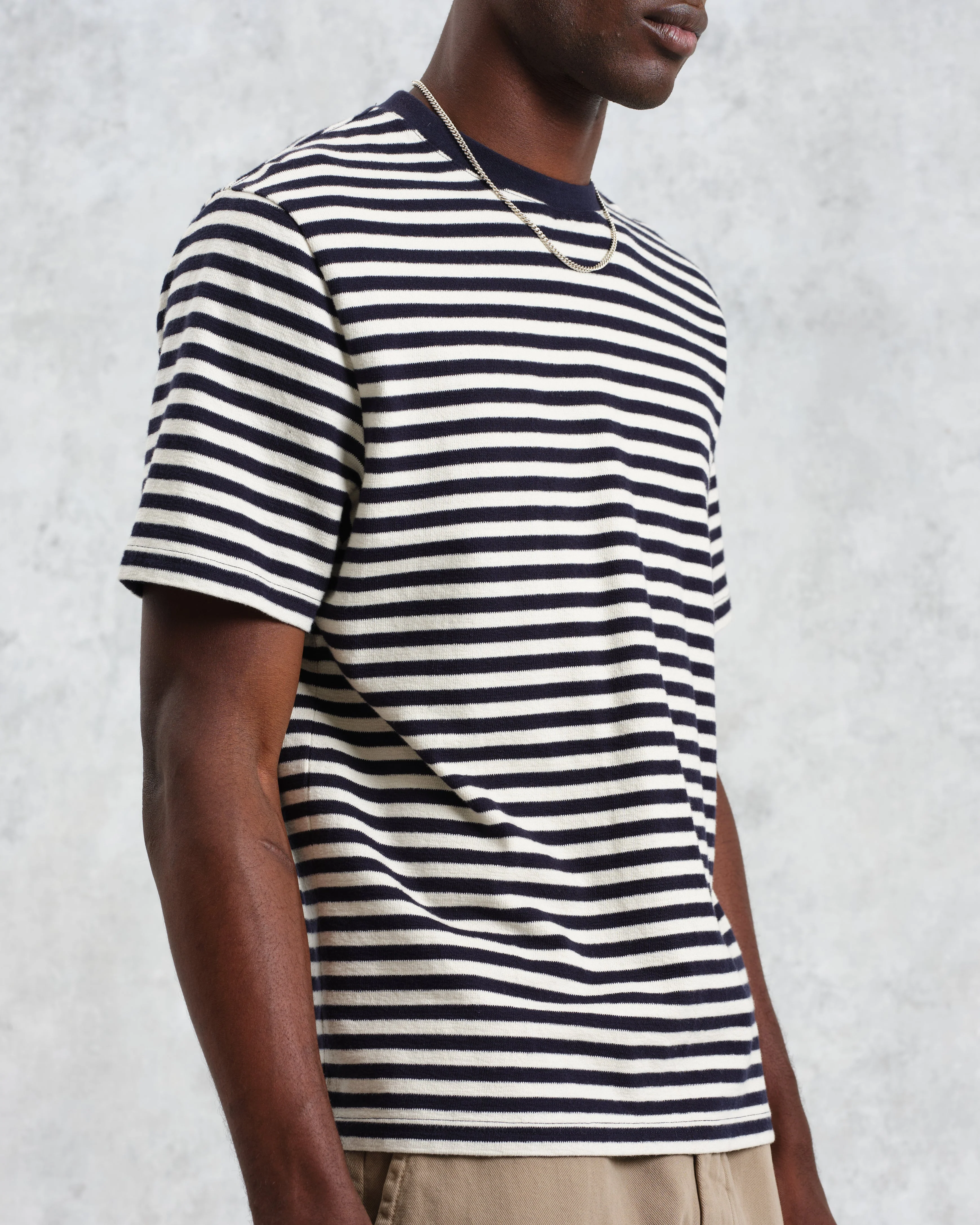 Dean - Navy/Ecru Striped Textured Organic Cotton T-Shirt - Image 3