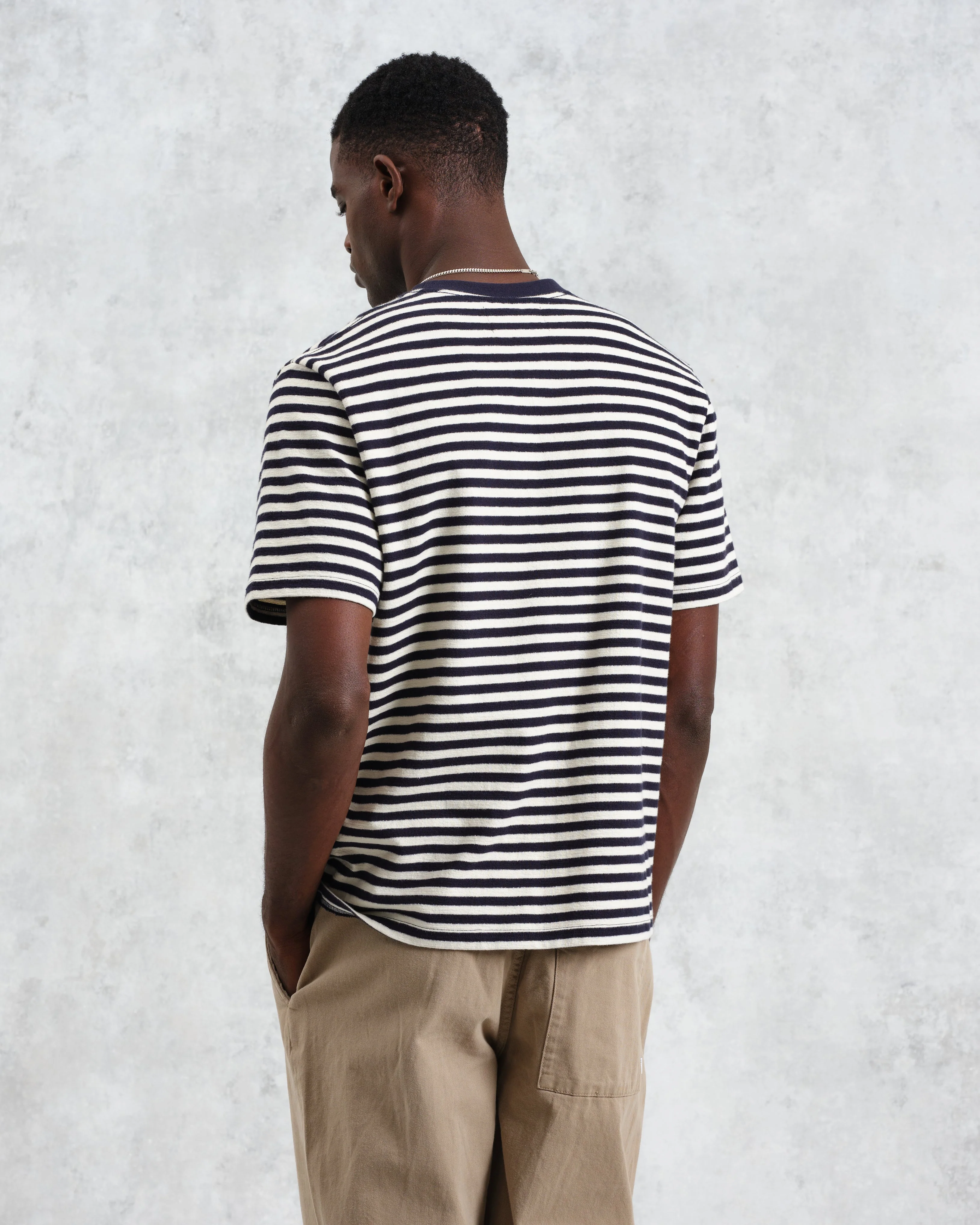 Dean - Navy/Ecru Striped Textured Organic Cotton T-Shirt - Image 7