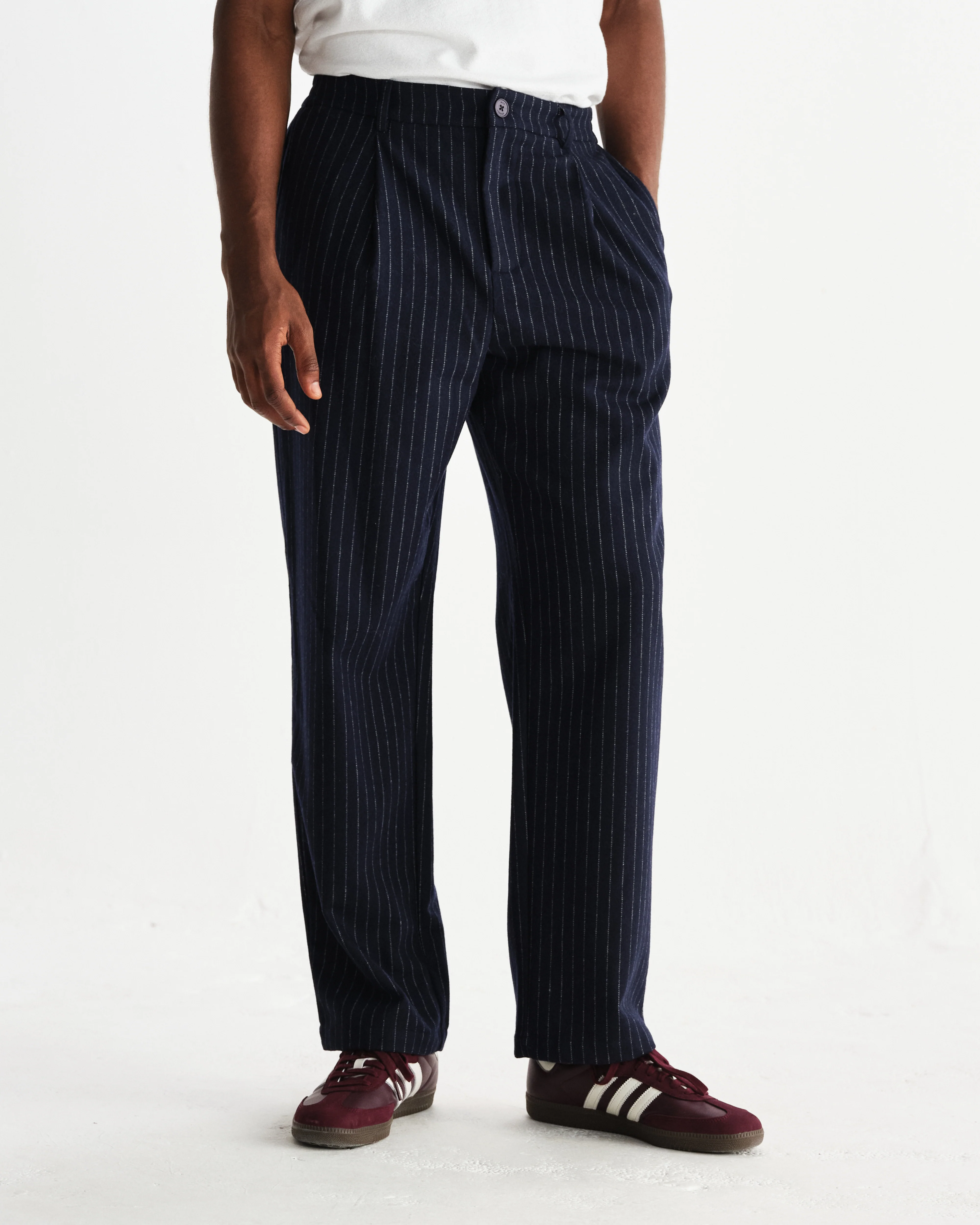 Malham - Navy Pinstripe Wool Trousers - Image 3