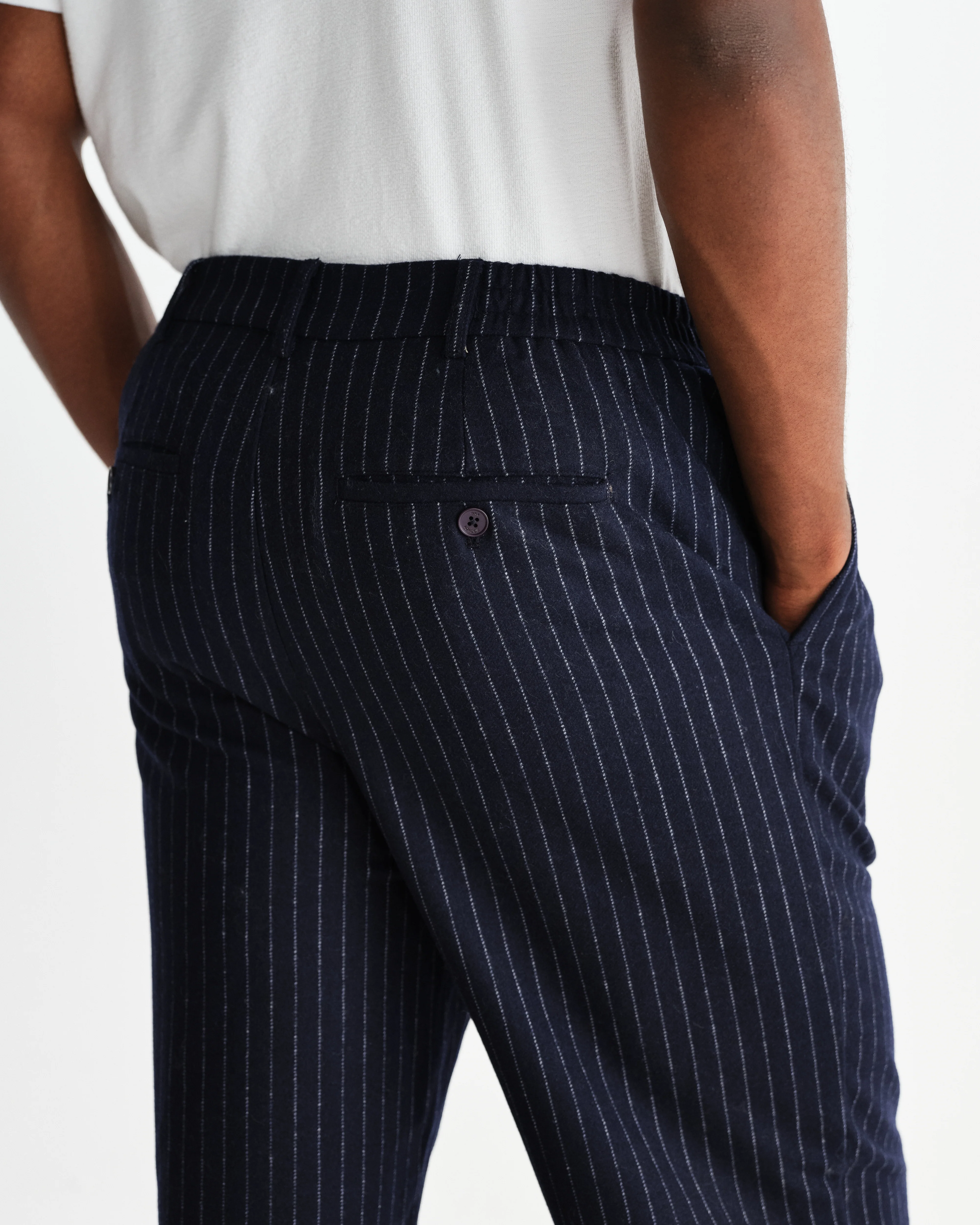 Malham - Navy Pinstripe Wool Trousers - Image 6