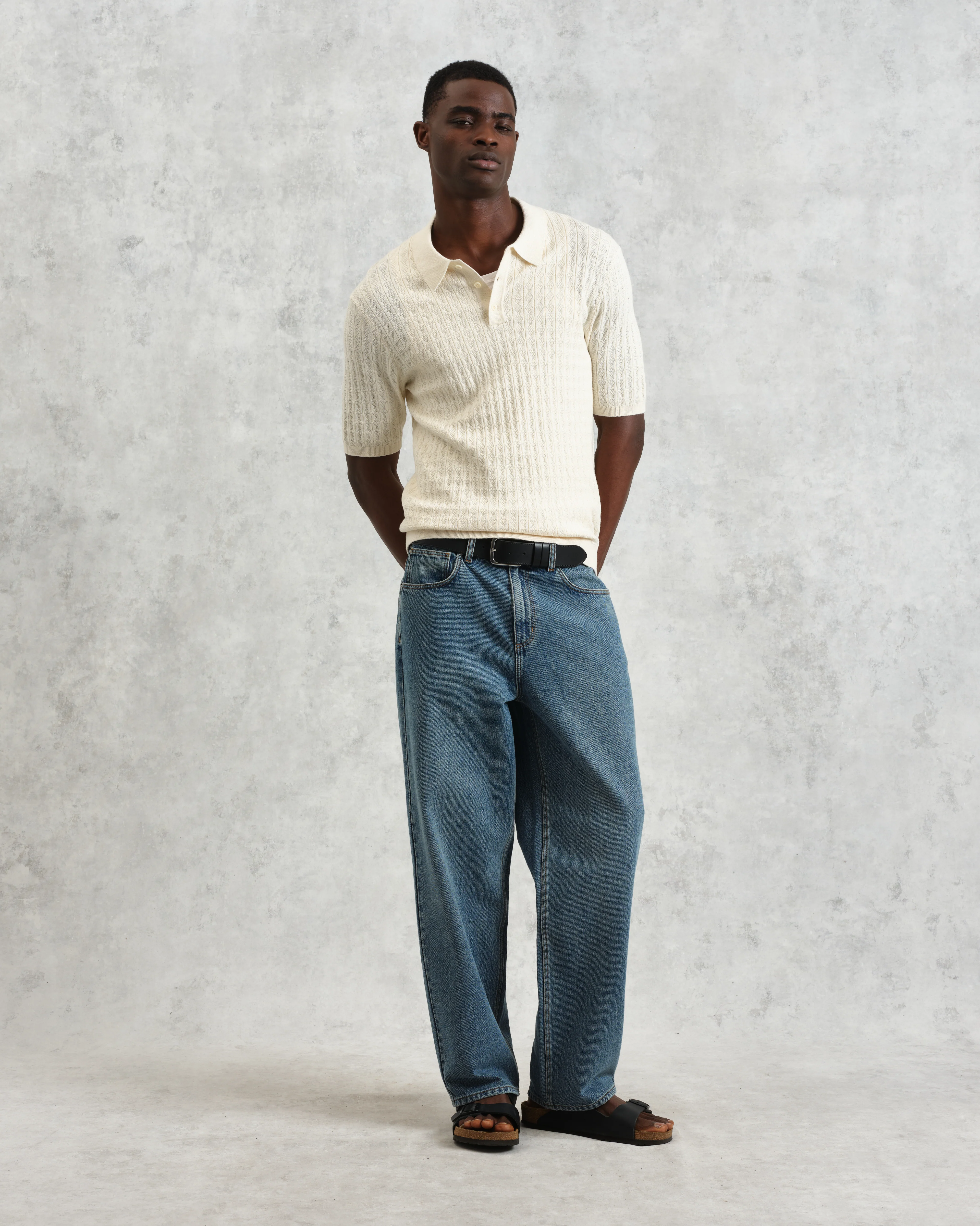 Naples - Ecru Diamond Stripe Knitted Polo - Image 3