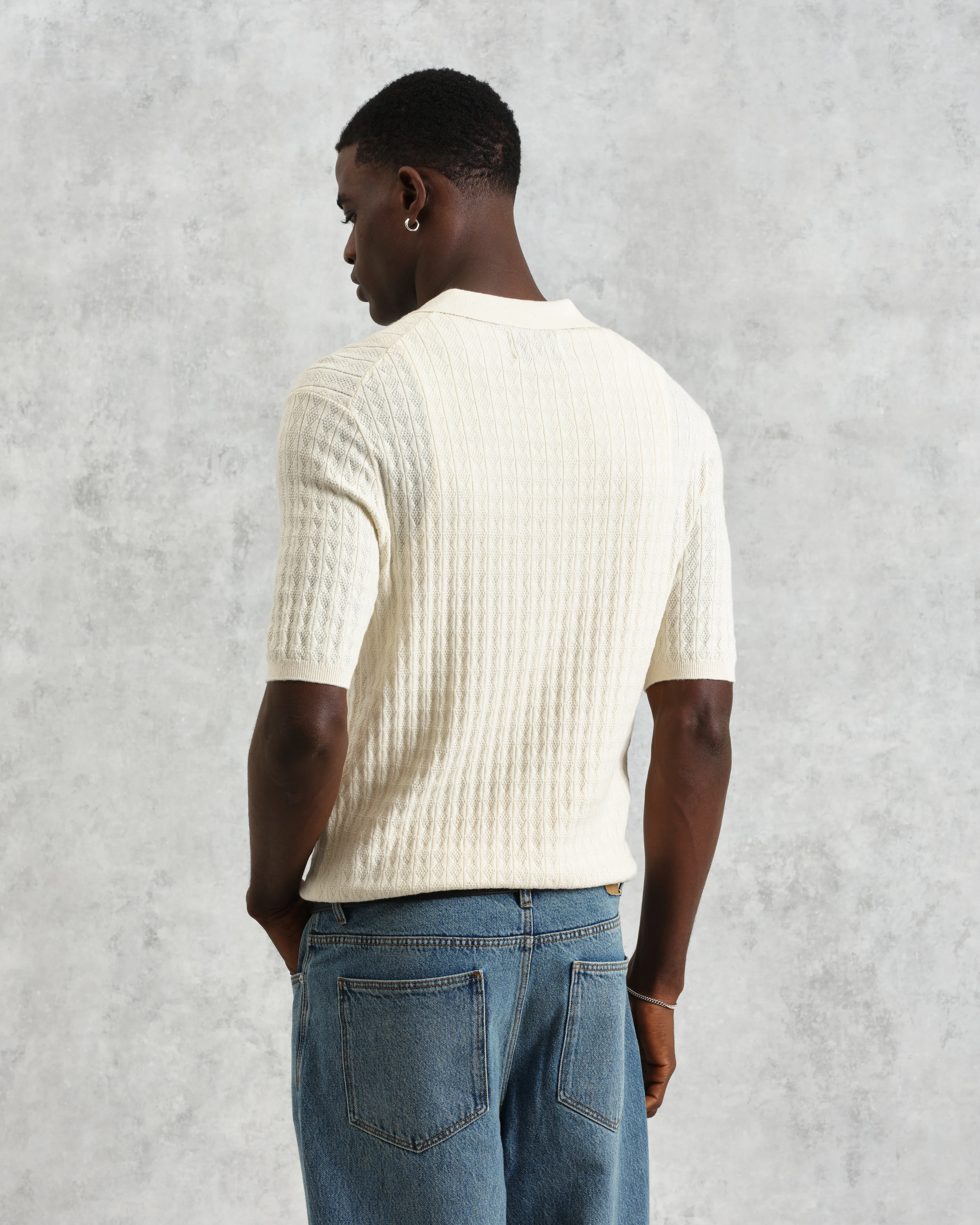 Naples - Ecru Diamond Stripe Knitted Polo - Image 5