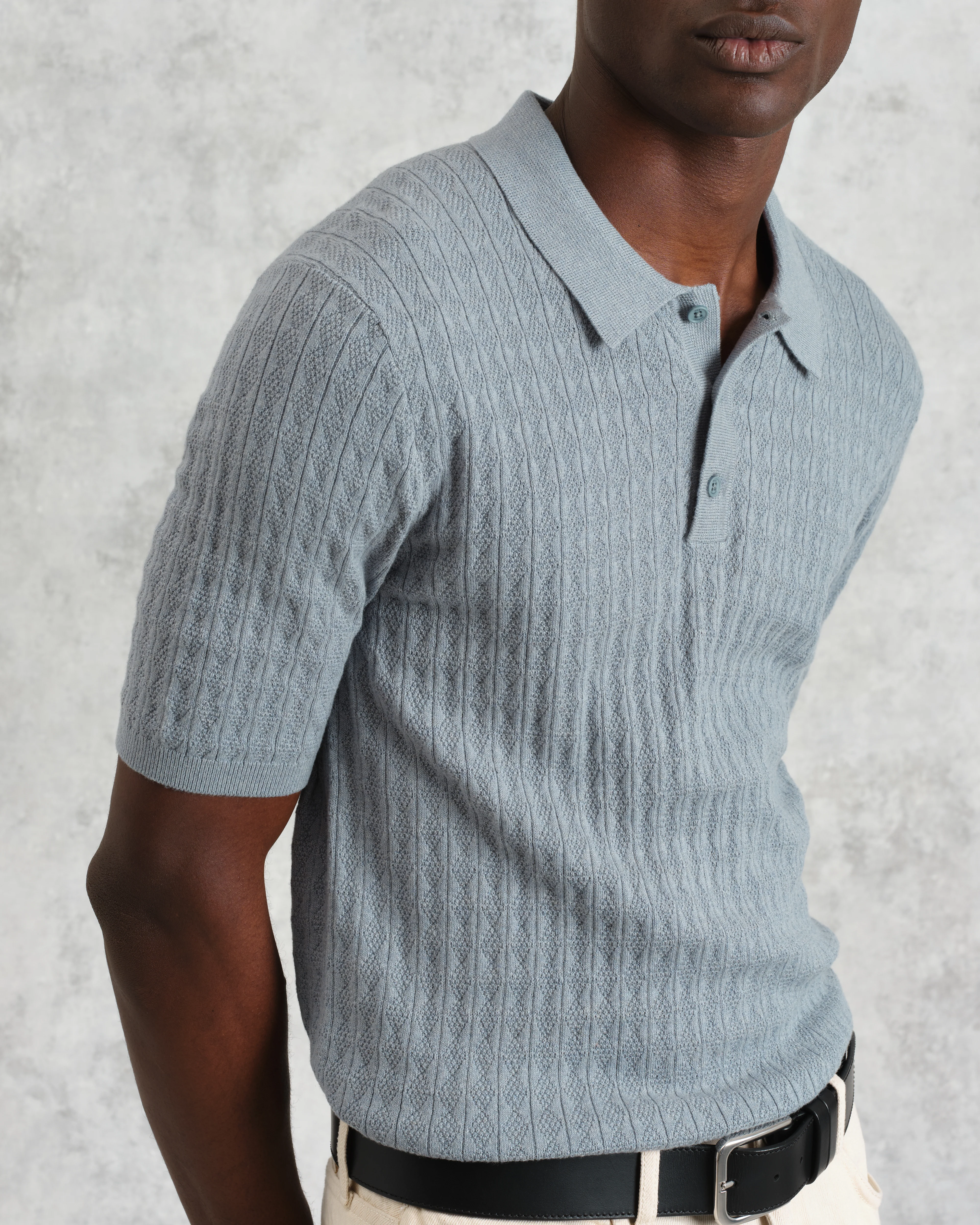 Naples - Grey Blue Diamond Stripe Knitted Polo - Image 3