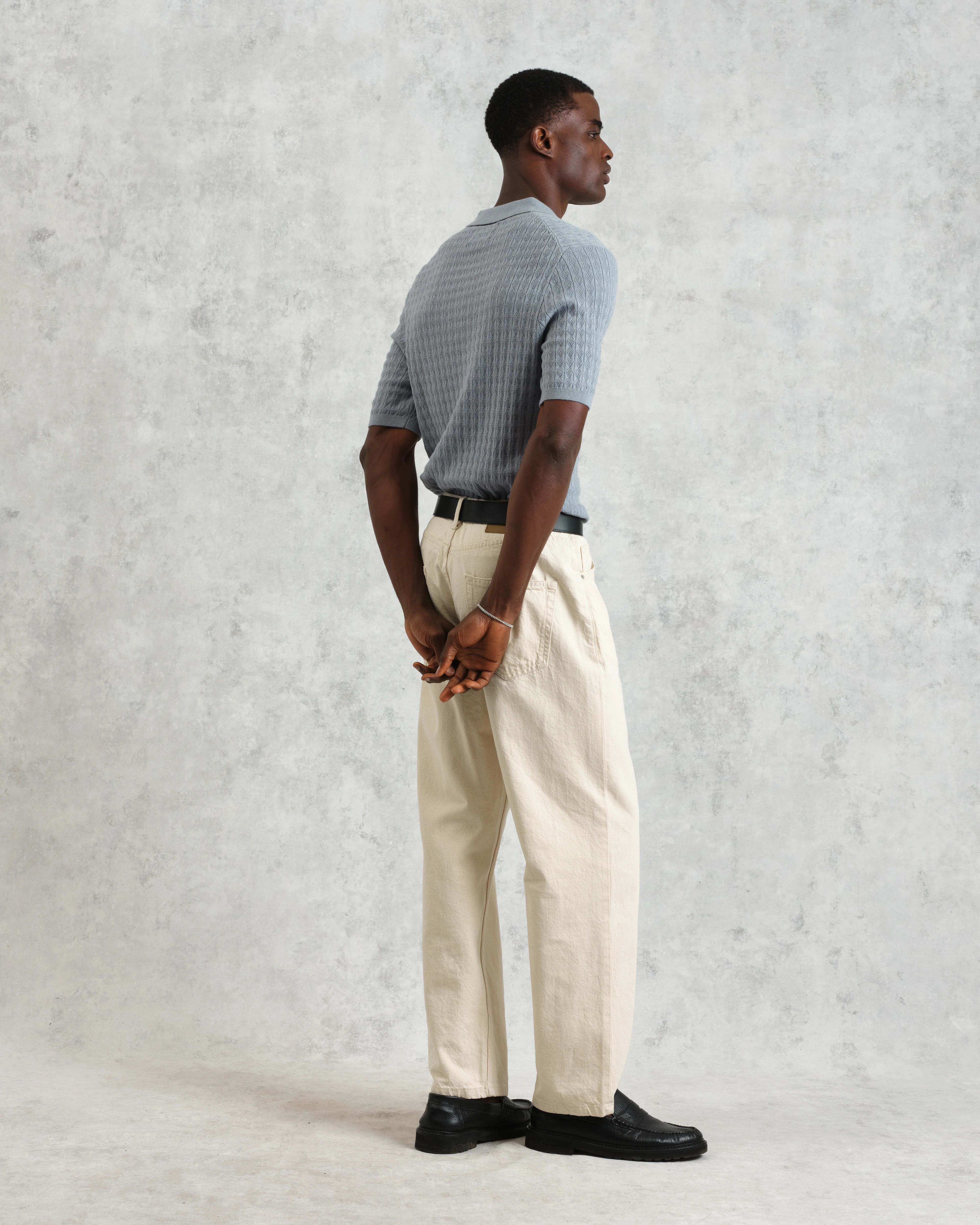 Naples - Grey Blue Diamond Stripe Knitted Polo - Image 6