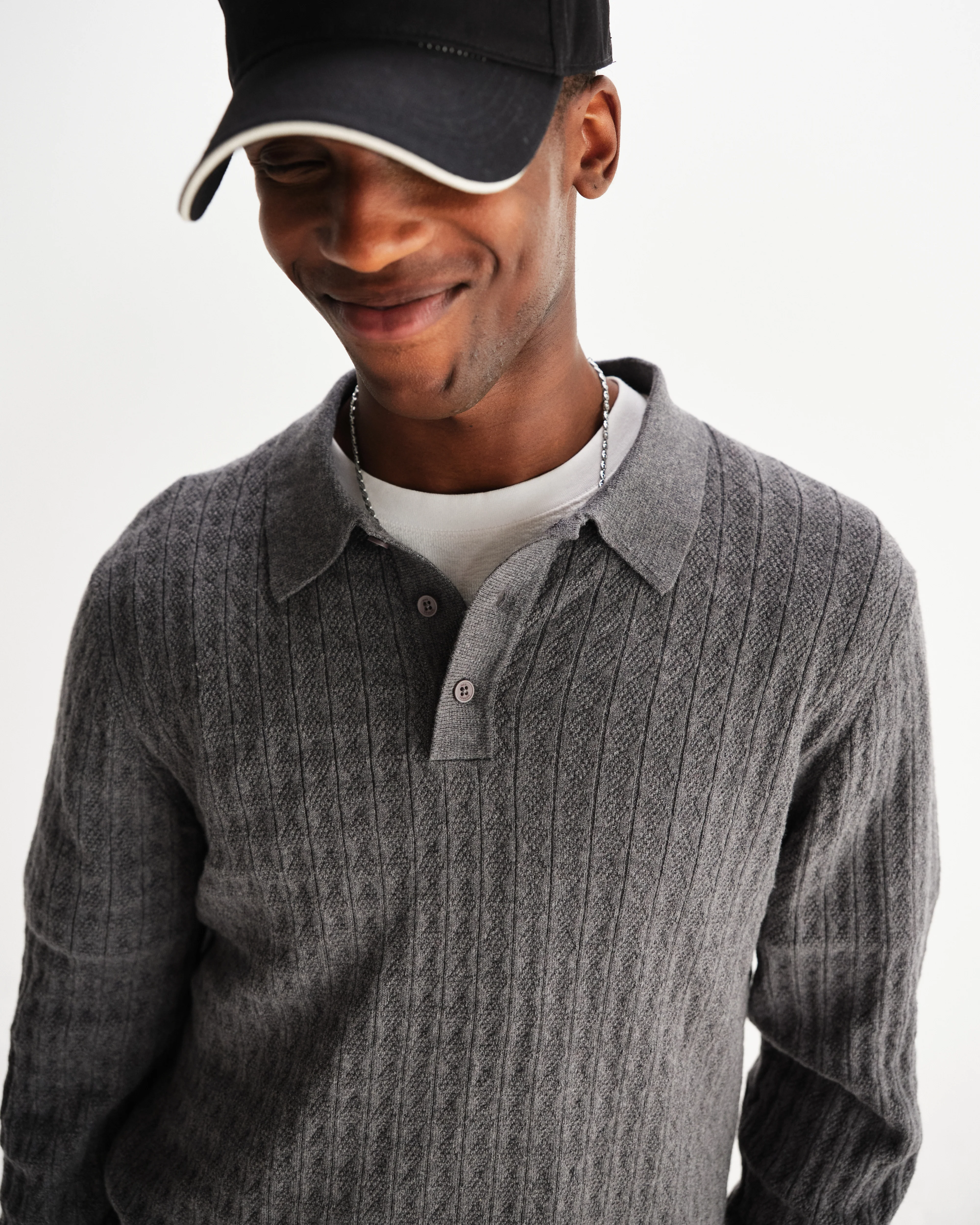 Oban - Grey Marl Diamond Stripe Knitted Polo - Image 3