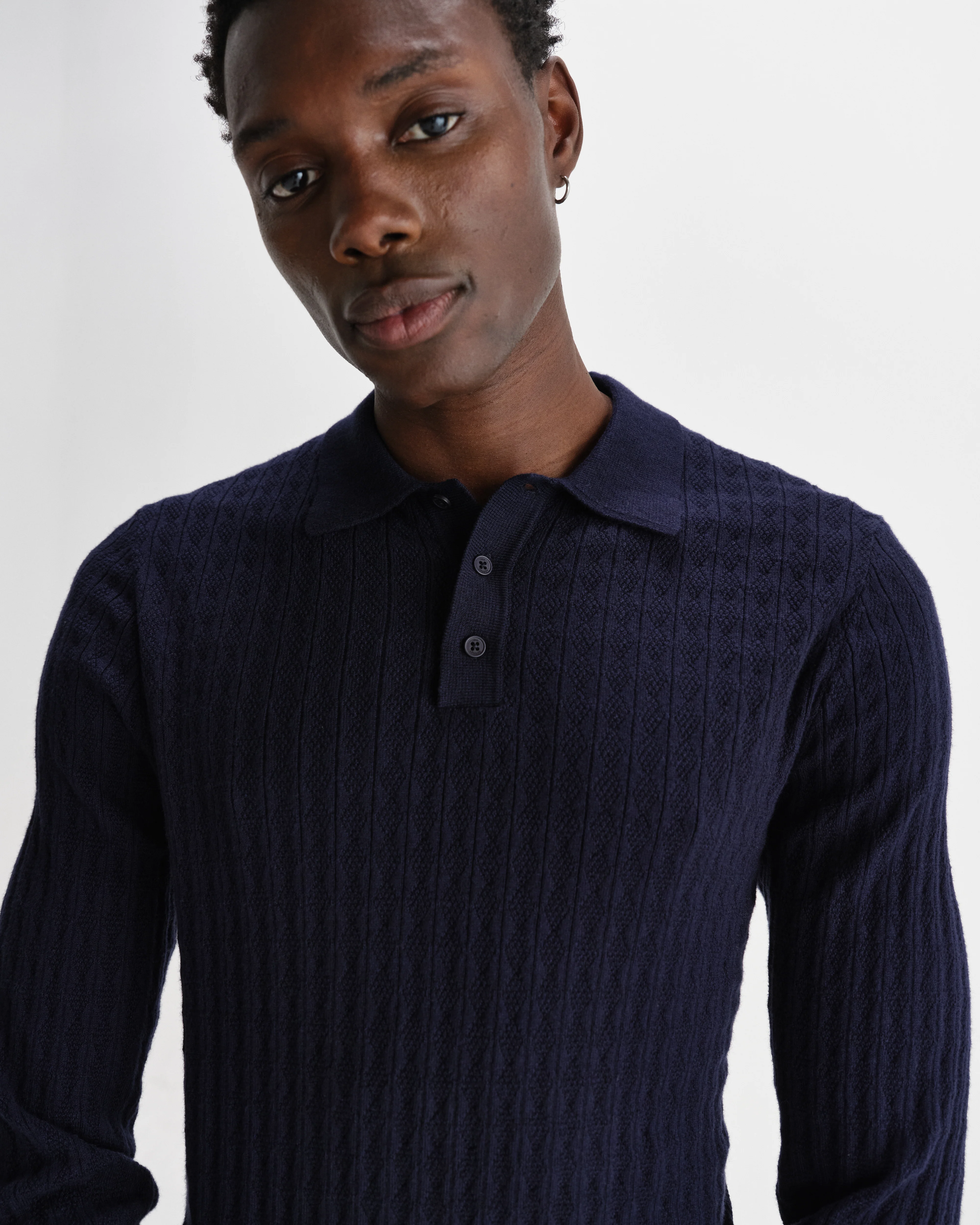 Oban - Navy Diamond Stripe Knitted Polo - Image 3