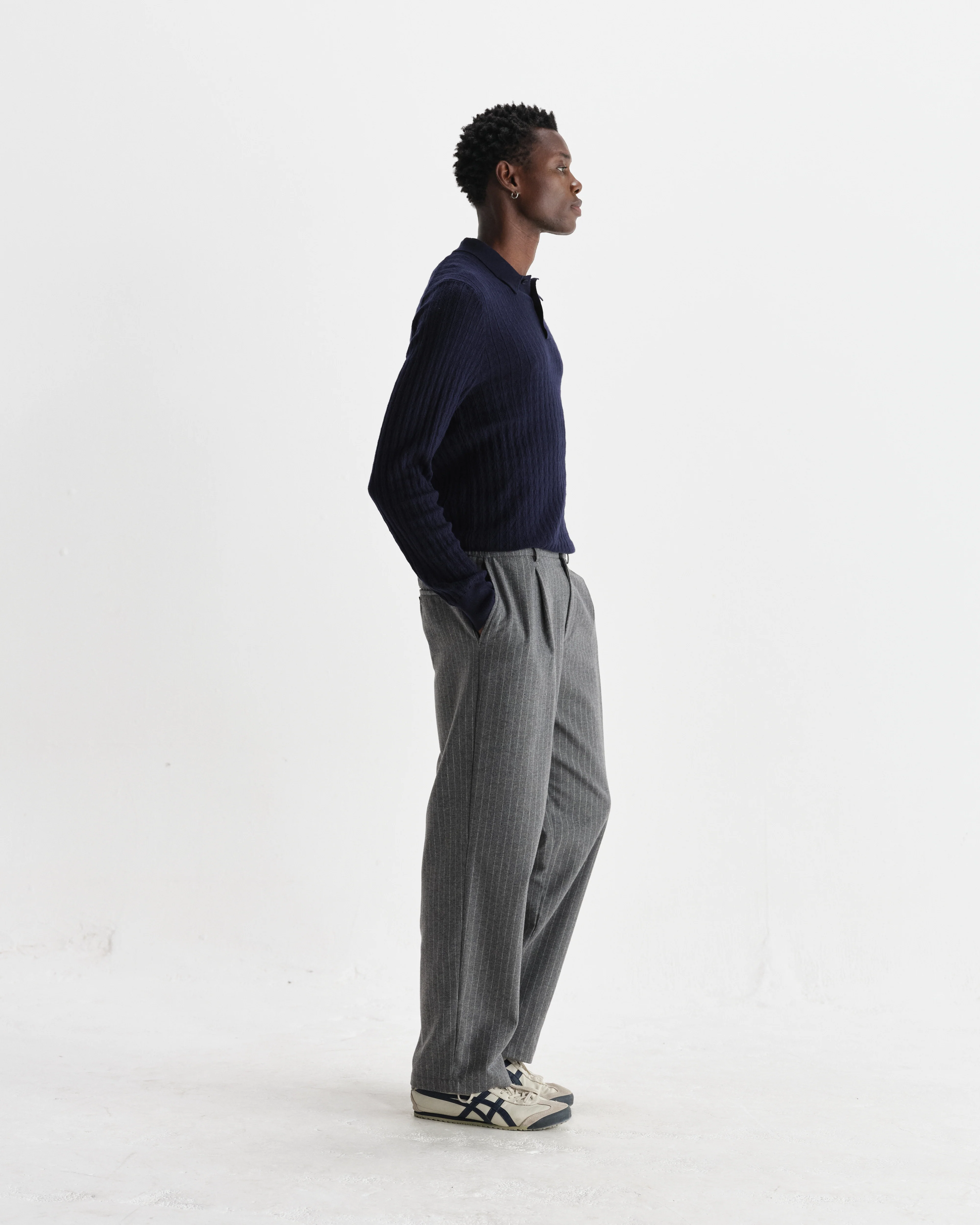 Oban - Navy Diamond Stripe Knitted Polo - Image 5