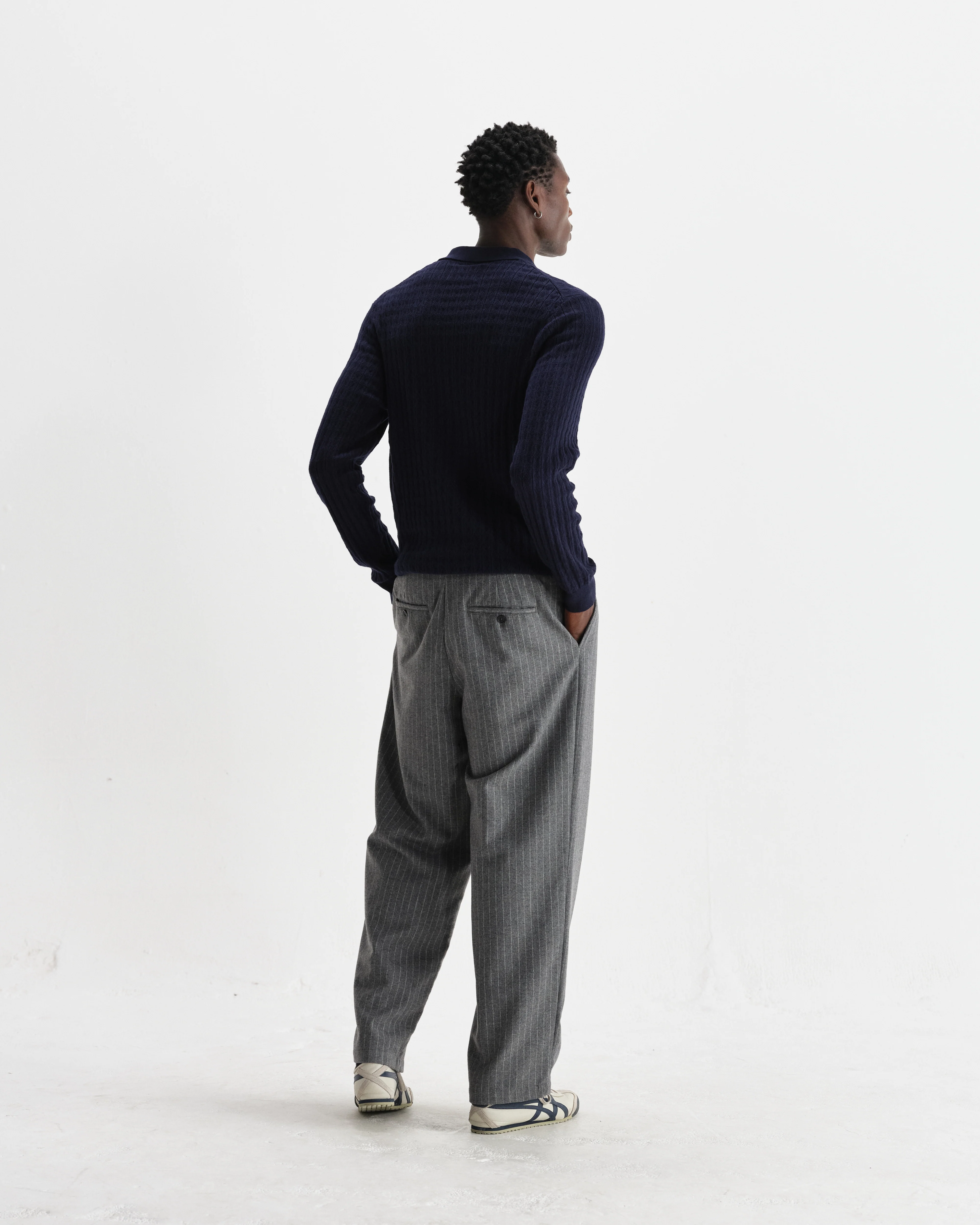 Oban - Navy Diamond Stripe Knitted Polo - Image 6