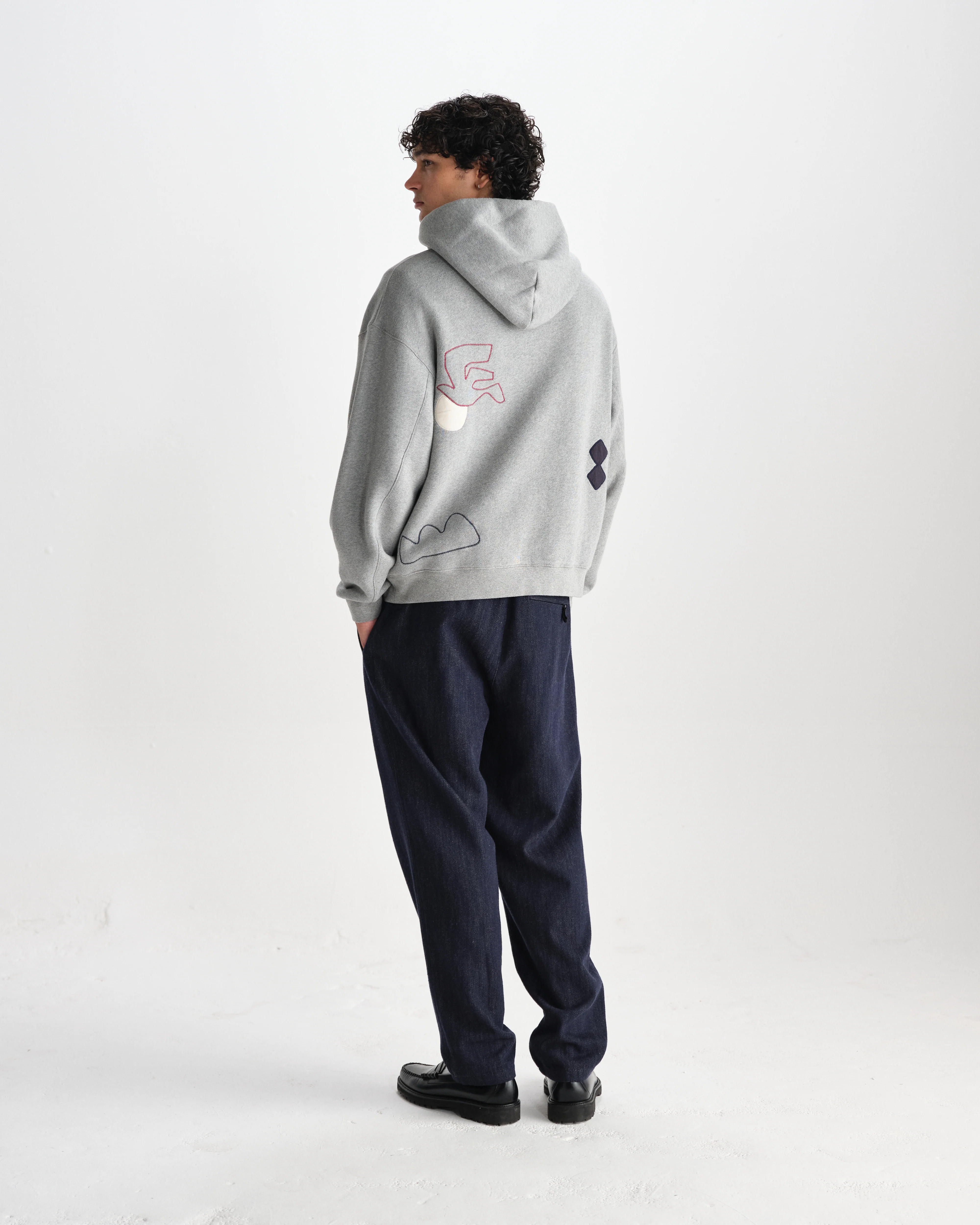 Rydal - Grey Doodle Embroidered Loopback Cotton Hoodie - Image 6
